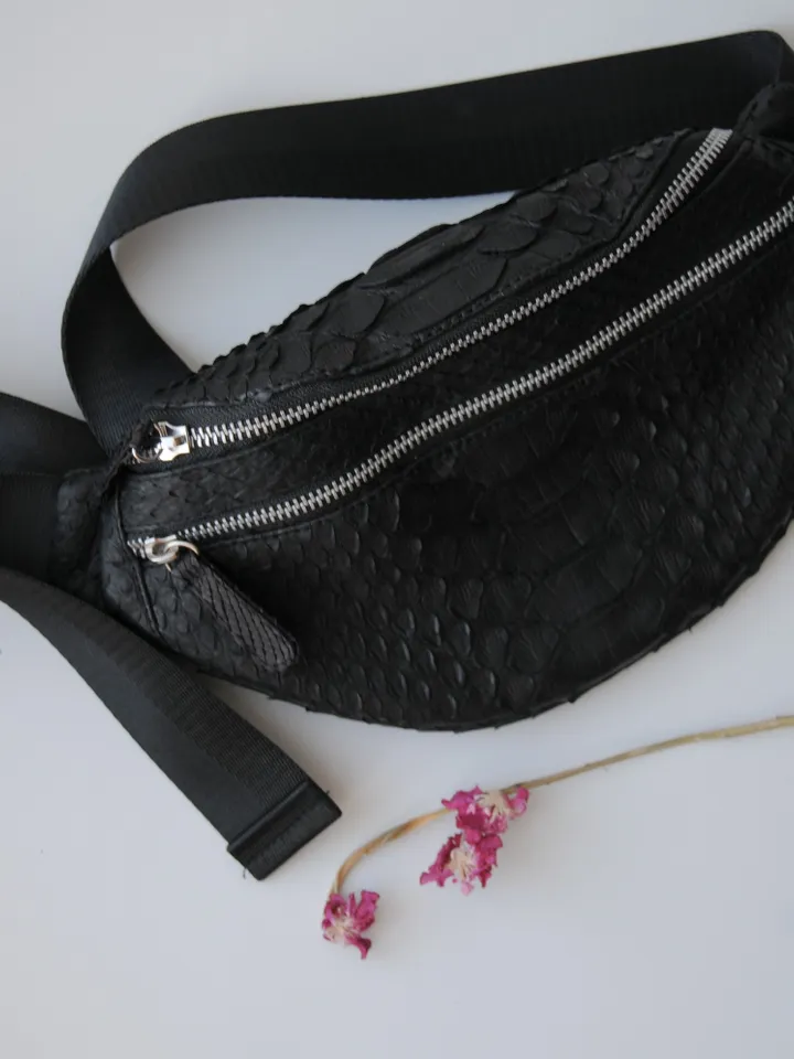 Genuine Python Skin Fanny Pack Black Color | Leather Belt Bag | Summer Bags | Unisex Fanny Pack | Exotic Leather Bags | Snake Print Bag