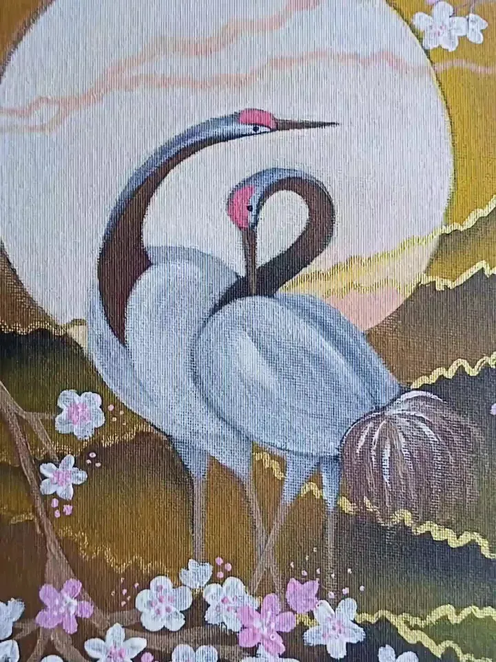 Couple crane acrylic UNFRAMED painting*Pair birds*Moonlight painting*Flowering abstract painting*Blooming branch art*Cherry blossom abstract