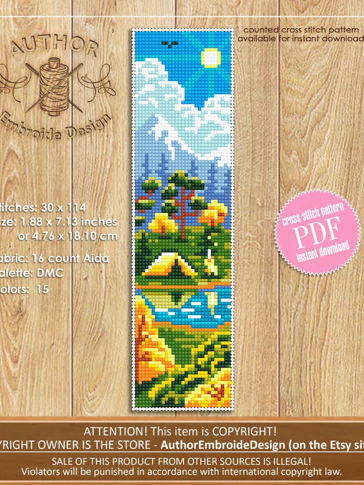 Nature Bookmark set cross stitch pattern download PDF Handmade bookmark pattern digital PDF, Camping cross stitch, Mountain landscape #B115