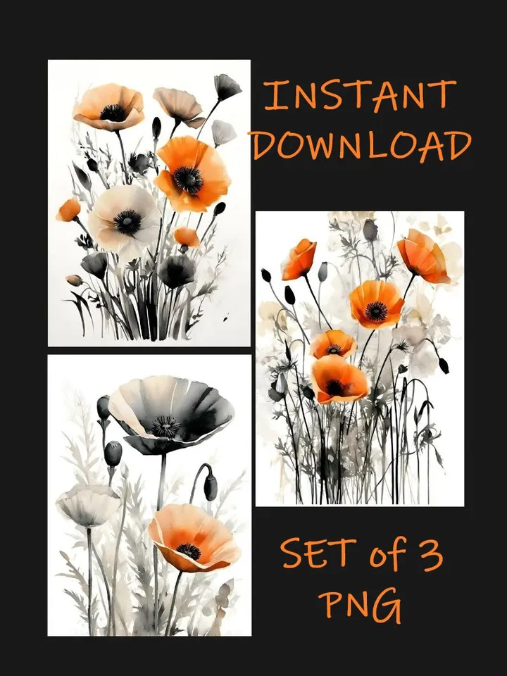 California Poppies Poster Digital Instant Download Black&White Poppies Art Print Set of 3