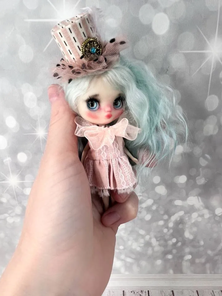 Adorable little doll in a hat. Petite Blythe with blue hair.