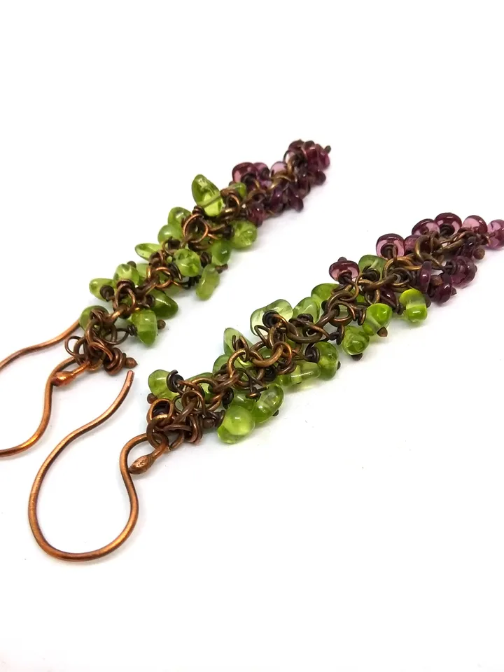 Copper Earrings with Peridot and Garnet β Summer Berry Cluster