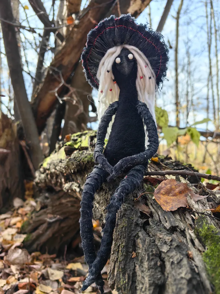 Mushroom art doll Fantasy creature Forest spirit doll Gothic figurine Shelf sitters Black witch goddess Weird art doll