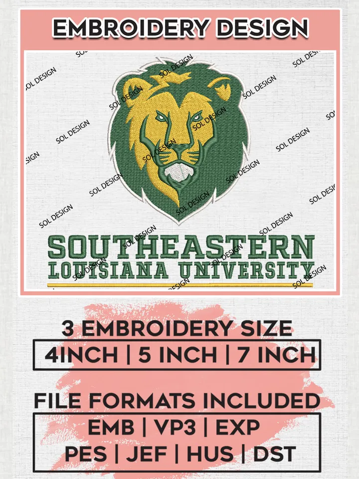 NCAA SE Louisiana Lions Uni.versity Team Logo Embroidery Design Files, NCAA SE Louisiana Lions Machine Embroidery, NCAA Teams, Game Day, 3 sizes, NCAA Machine embroidery designs, Digital Download