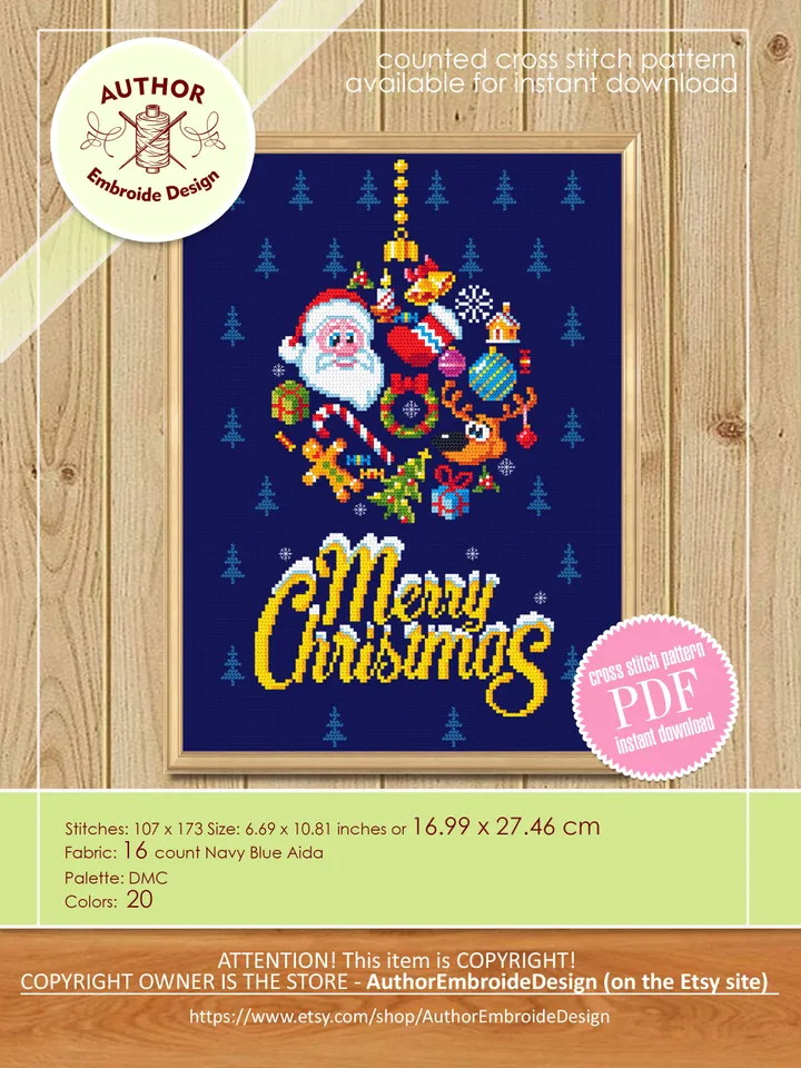 Merry Christmas cross stitch pattern PDF download Christmas ball cross stitch chart, Christmas pattern digital PDF, Santa cross stitch #N16
