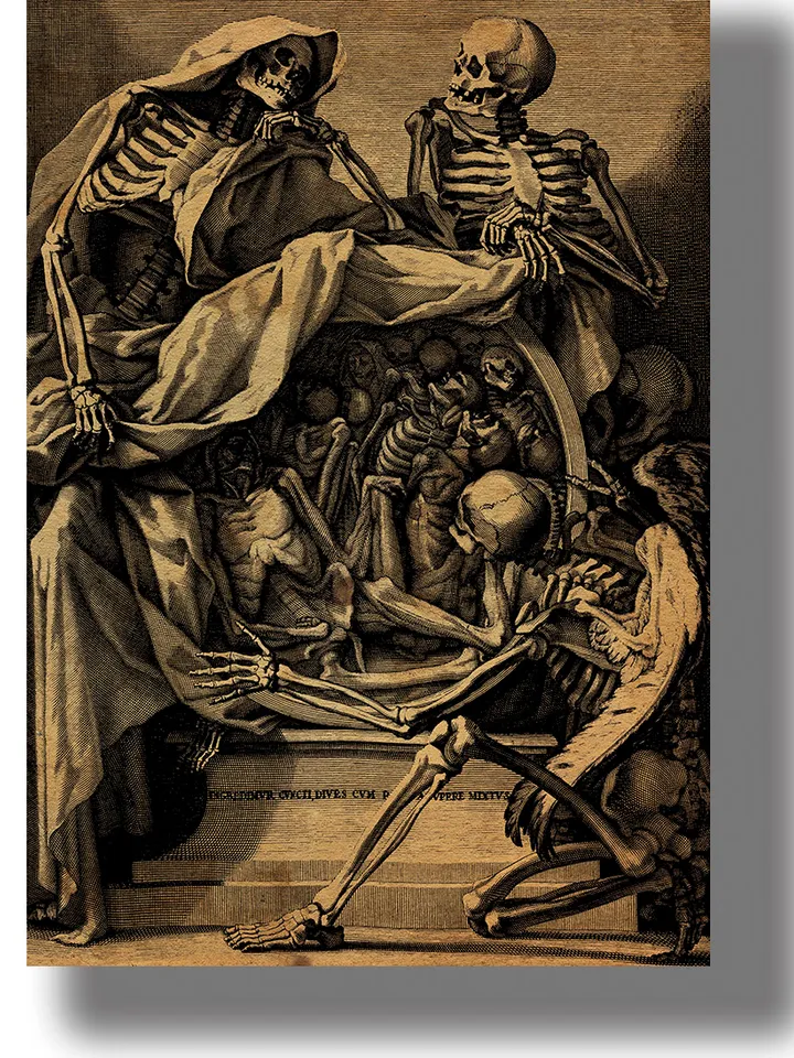 Skeletons with roundel mirror full of corpses.