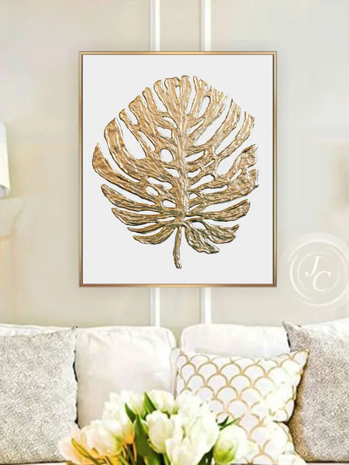 Golden Monstera Abstract Wall Art Floral Original Painting Textured artwork Gold Leaf Wall Art Modern wall decor