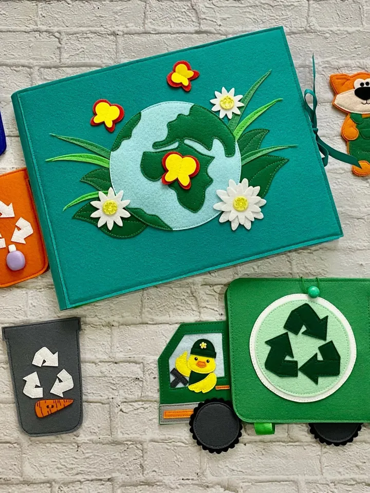 Waste Sorting Activity Quiet book Pattern pdf, Felt book pattern, Soft sensory book template, Busy book sewing ideas kids 2, 3, 4 year old