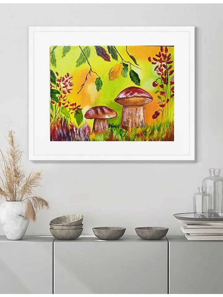 Autumn Landscape Mushroom Art Decor for Children Original Oil Painting Bright