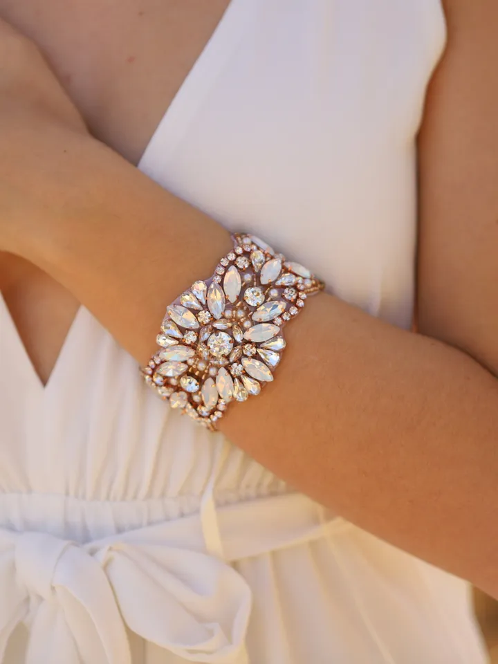 Rose Gold Opal Bridal Cuff, Crystal Wedding Cuff, Crystal Bridal Bracelet, Rhinestone Cuff Bracelet, Vintage Wedding Jewelry, Boho Jewellery