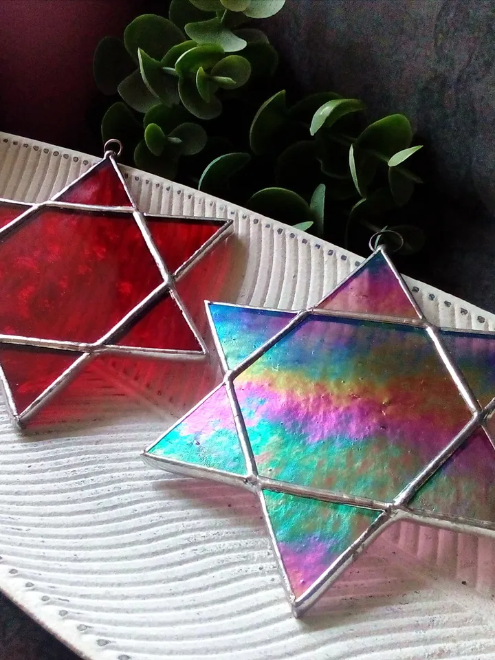 Set of 2 snowflake suncatchers, christmas ornaments, simple stained glass, Christmas decorations, Xmas tree star