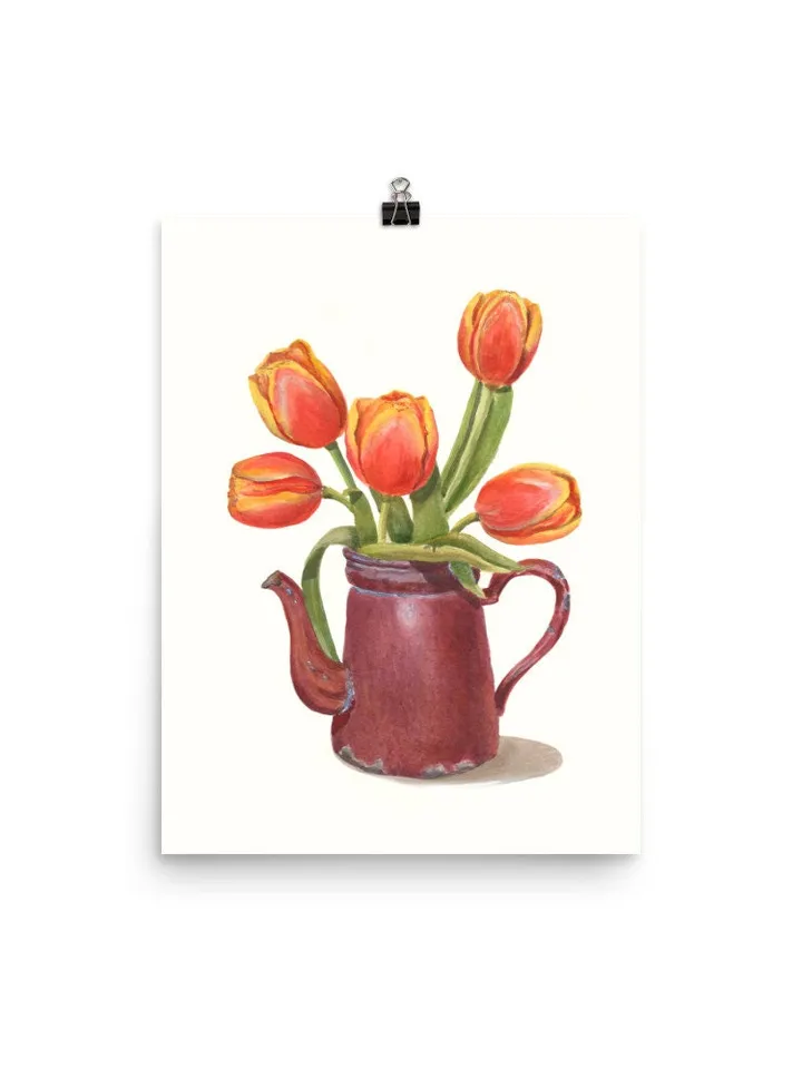 Tulip Painting Watercolor Vintage Still Life Painting Tea Lovers Watercolor Print Floral Tulip Wall Art Farmhouse Painting Red Floral Art t