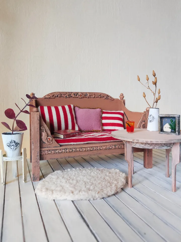 Dollhouse Furniture Set with Pink Sofa and Accessories for dolls scale 1/6
