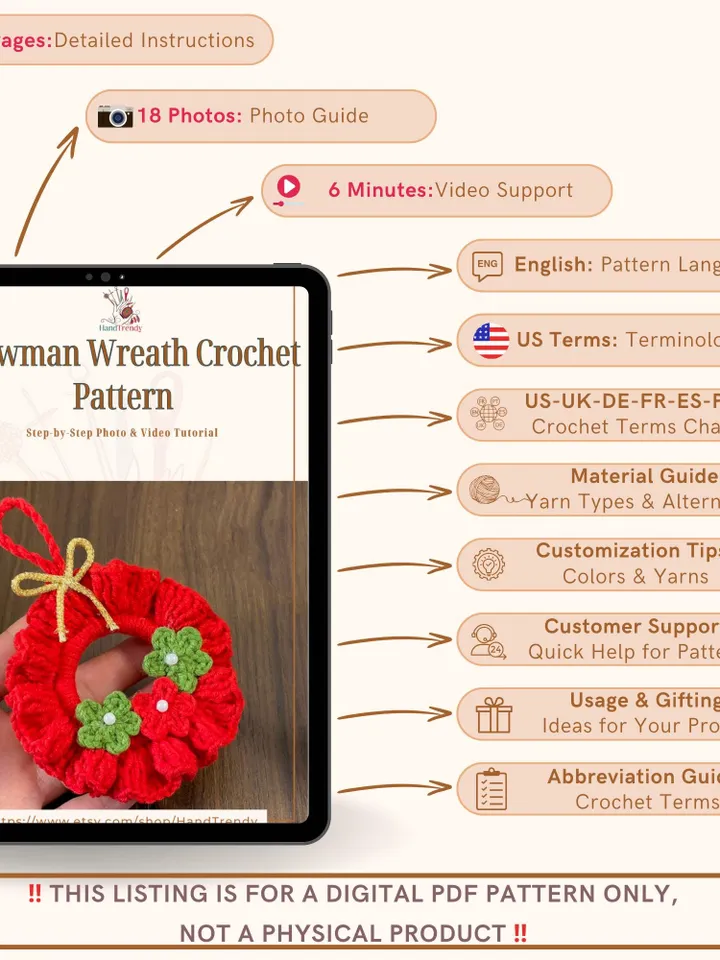 Crochet Ruffled Flower Wreath Pattern, DIY Red Christmas Ornament PDF, Handmade Festive Décor Tutorial, Beginner Holiday Craft Project
