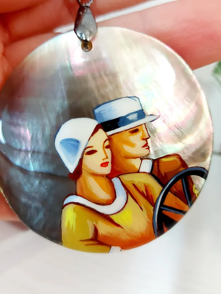 Russian Beautiful Pendant "Travelers" Mother-of-pearl hand-painted Russian jewelry miniature painting Gift for her Fedoskino Hand painted