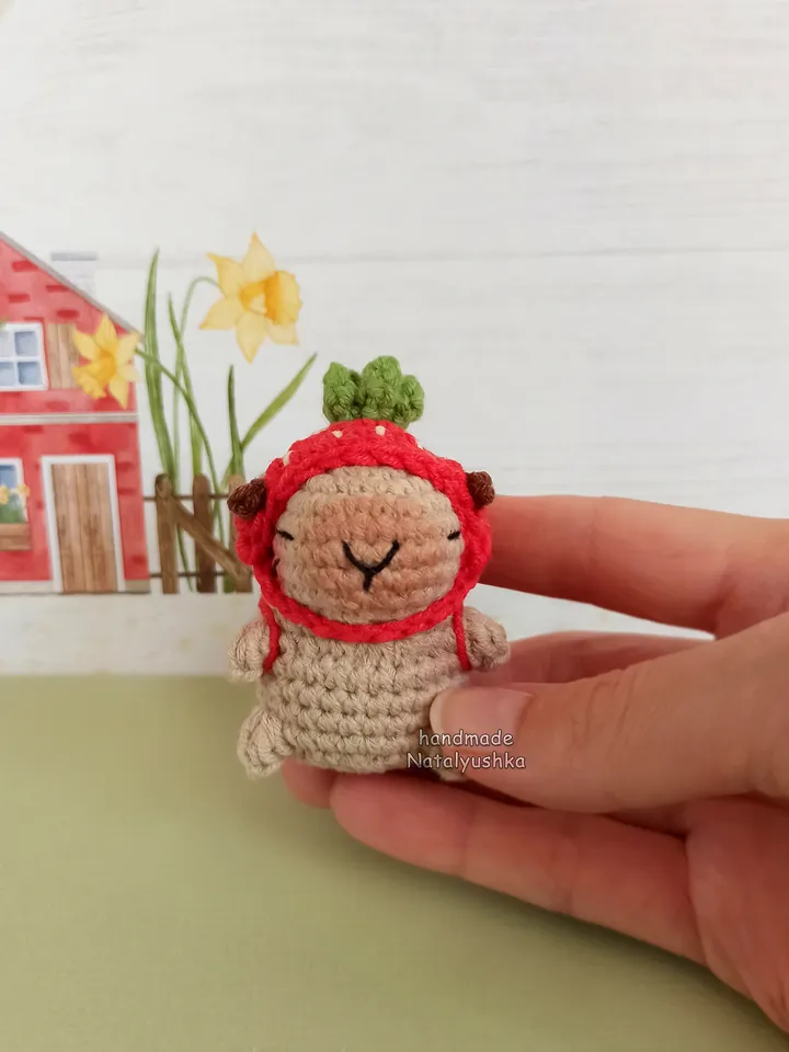 Capybara toy in costume, Capybara frog, Capybara strawberry, Crocheted small Capybara, Kawaii.