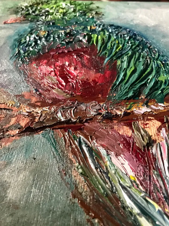 Quetzal bird,original oil impasto style painting on wooden box ,birds painting,exotic birds painting,wall decoration,unique gifts.