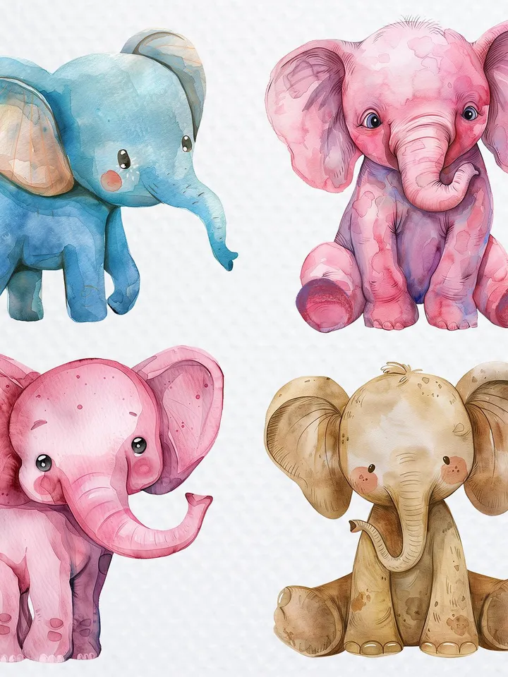 18 Cartoon Elephant PNG Bundle, Baby Elephant Printable Watercolor clipart for sublimation, Digital download, Paper craft, junk journal
