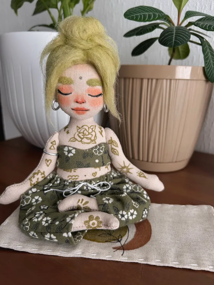 Textile doll yoga girl with green hair and tattoo