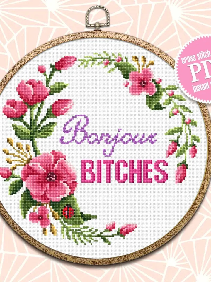 Funny cross stitch pattern digital PDF Bonjour Bitches cross stitch quote Instant download Floral frame cross stitch Best bitch gift #Q21
