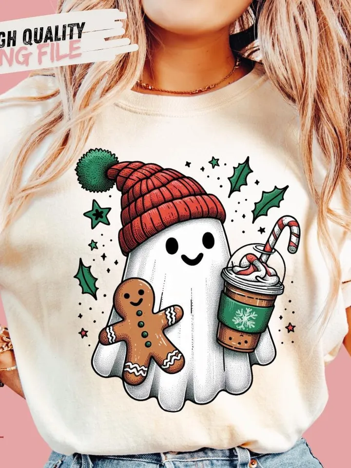 Vintage Christmas Ghost PNG for Retro Coffee Decor & Halloween Fun, Holiday PNG, Boojee Ghost - Spooky Holiday Decor, Christmas Trending Png