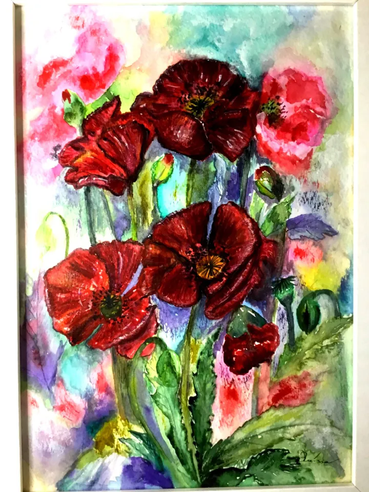 Poppies painting.Bright red flowers on abstract background ,watercolour original painting,framed.Gift for her.
