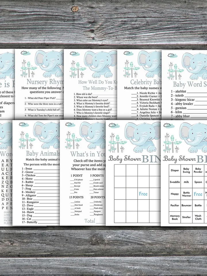 Blue Elephant baby shower games bundle,Jungle Baby Shower games package,Fun Baby Shower Games,9 Printable Games-324