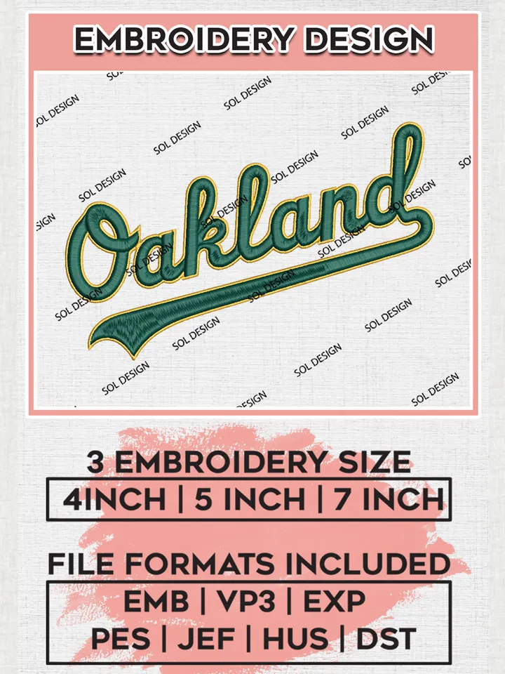 MLB Oakland Wordmark Logo Embroidery Files, MLB Oakland Athletics Team Embroidery, MLB Teams, 3 sizes, MLB Machine embroidery designs, Digital Download