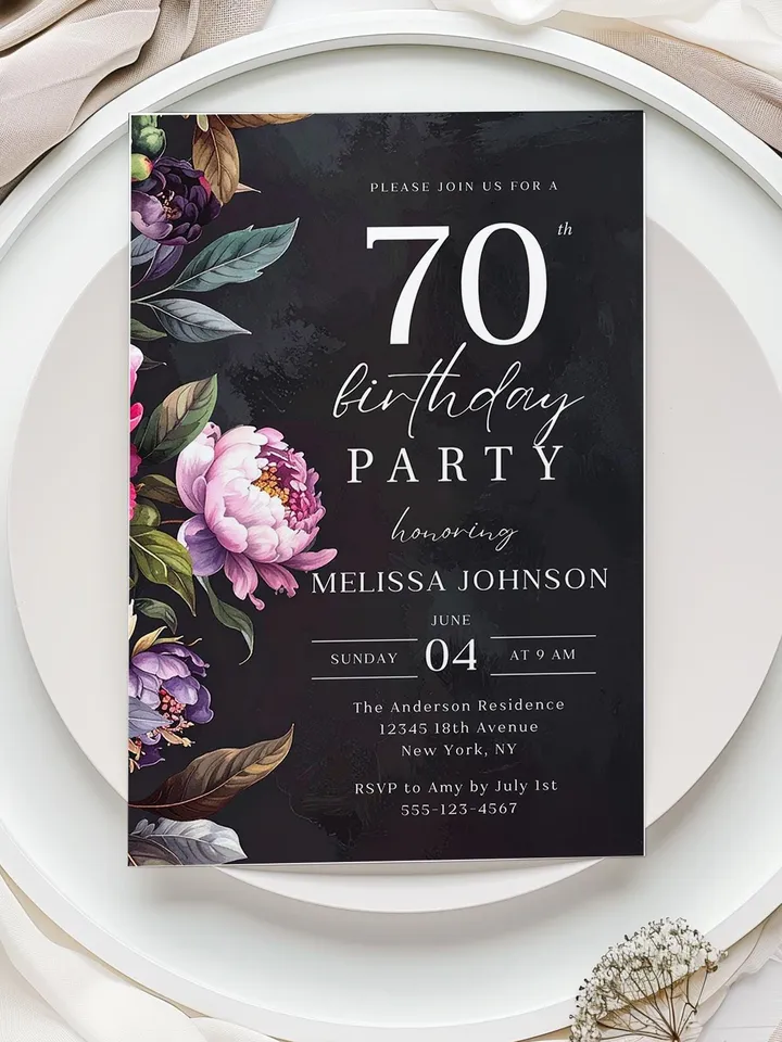70th Birthday Invitation for women – Moody Burgundy & Blush Peony Floral Invitation, Elegant Dark Men Birthday Party Invite Canva Template