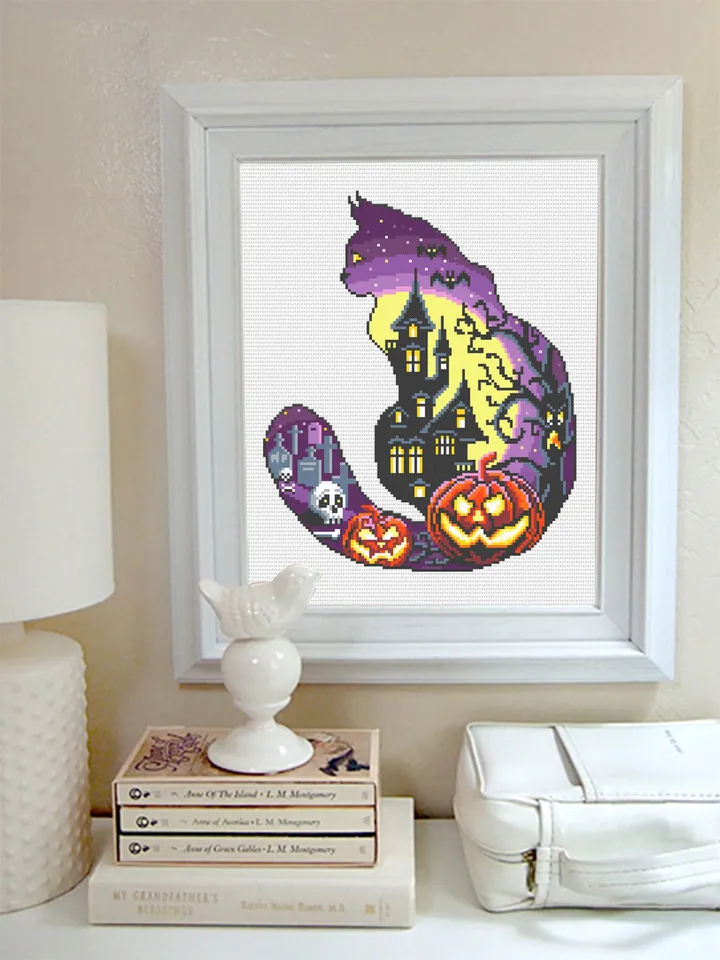 Halloween cat cross stitch pattern PDF download Haunted house cross stitch chart, Halloween pattern digital PDF, Spooky cross stitch #S52