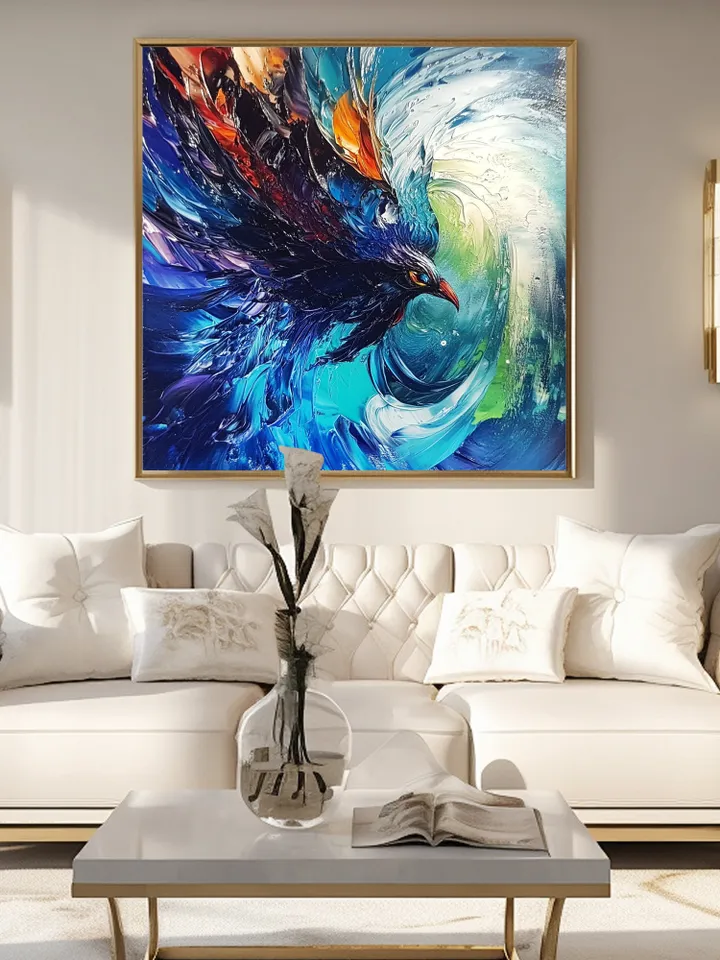 Hand-Painted Abstract Oil Painting | Vibrant Blue Bird in Motion | Stunning Wall Art with Bold Colors for Living Room Decor