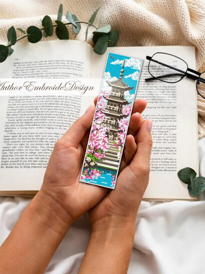 Spring bookmark cross stitch pattern PDF download Japanese pagoda cross stitch chart for beginner, Sakura bookmark pattern digital PDF #B470