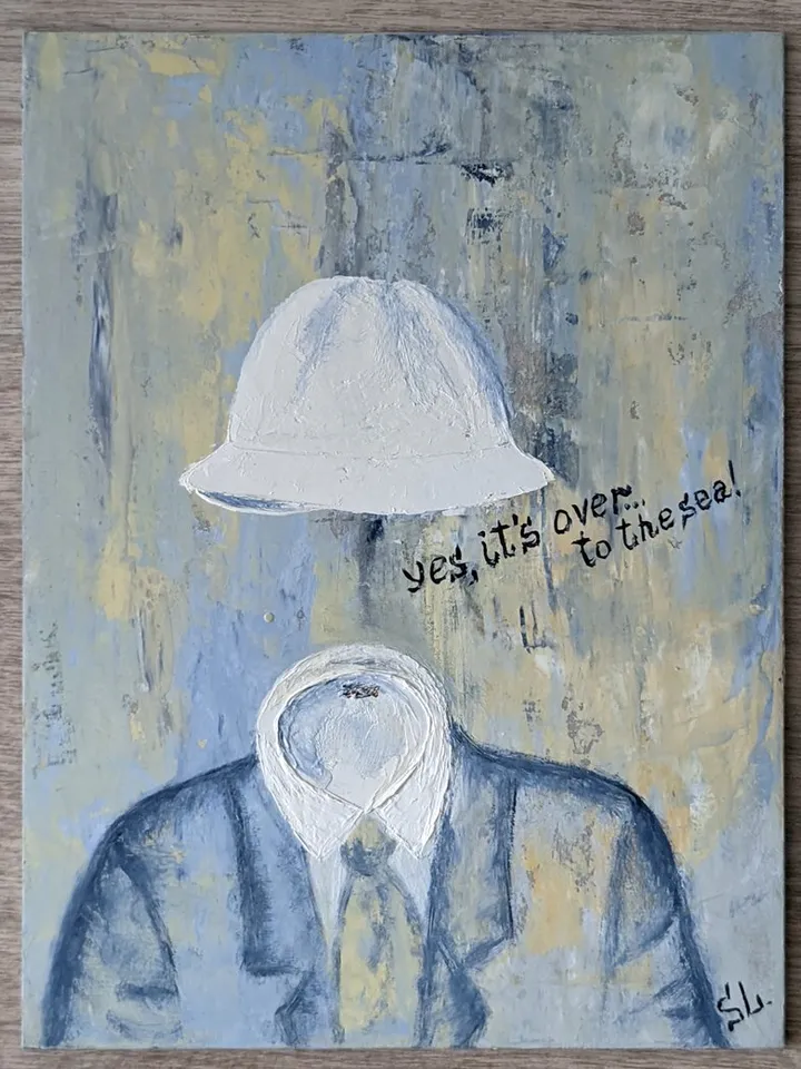 Oil painting man original art men suit with hat invisible man wall art cardboard 10x7 inches