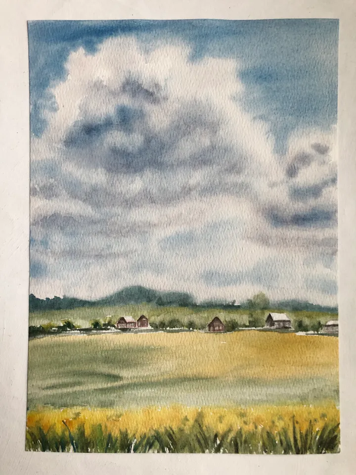 Clouds over the village landscape original watercolour painting wall art hand painted