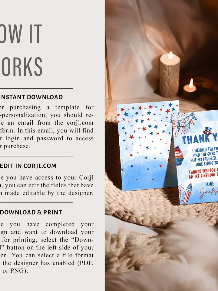 4th Of July Thank You Card Template, Little Firecracker Birthday Photo Thank You Card, Red White Blue Patriotic Independence Birthday FC001