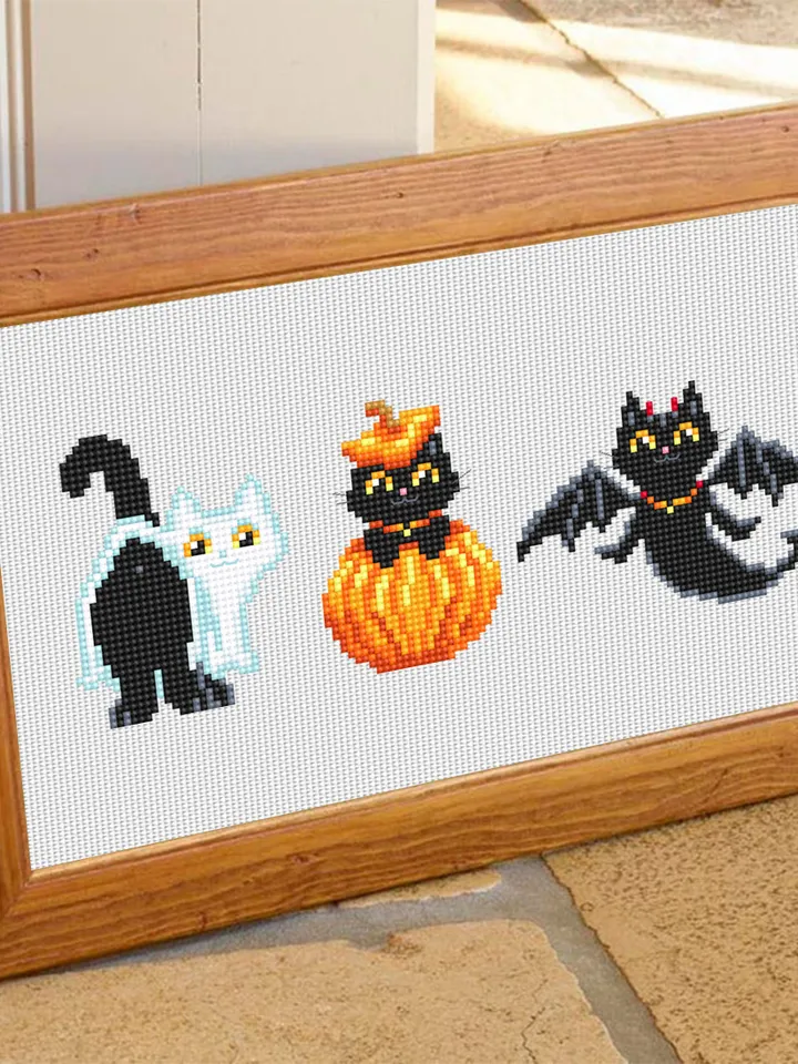 Set Halloween cats cross stitch pattern PDF download Cute black cat embroidery PDF, Funny home cat decor, Ghost cat cross stitch chart #H65
