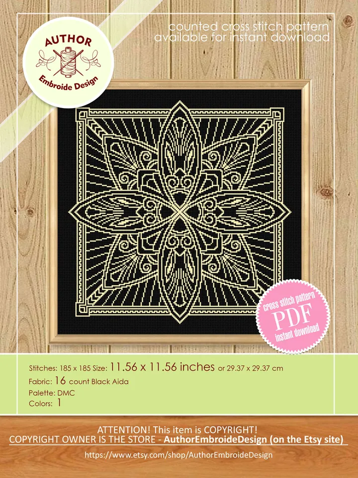 Square mandala cross stitch pattern PDF download Carpet counted cross stitch chart, Square ornament pattern for cross stitch pillow #M223