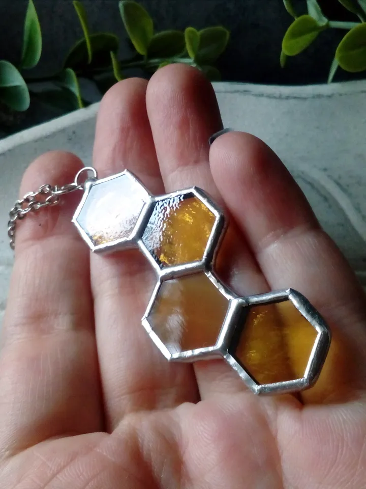 Honeycomb glass necklace, stained glass honeycomb, honey bee decor, bee art, honey bee jewelry, bee lover gift,