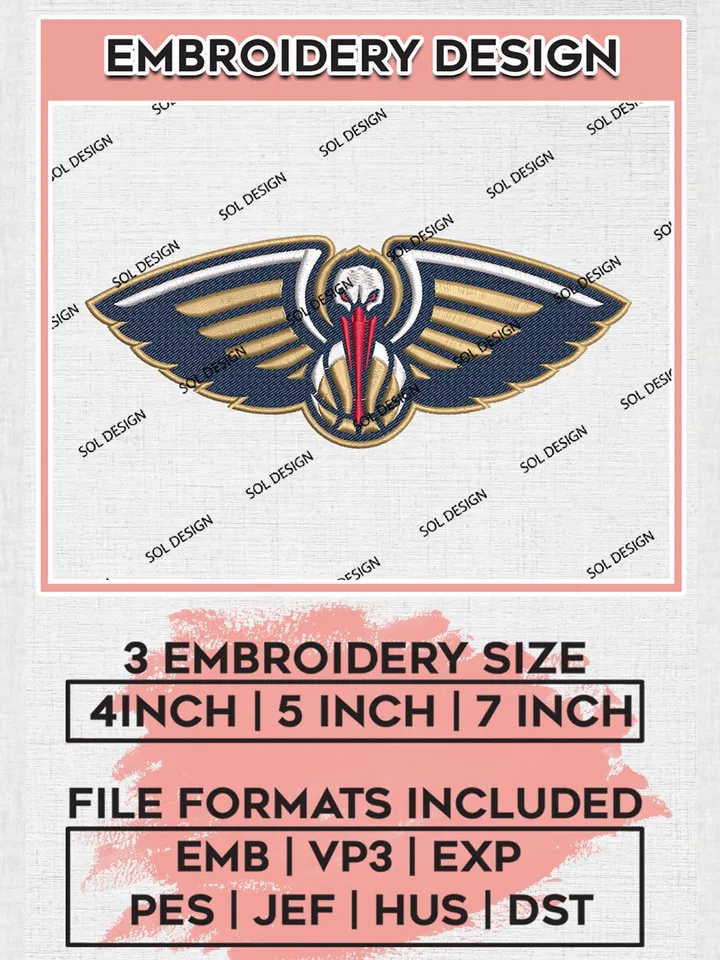 New Orleans Pelicans Embroidery Designs, NBA Logo Embroidery Files, NBA Pelicans, Machine Embroidery Pattern, Digital Download