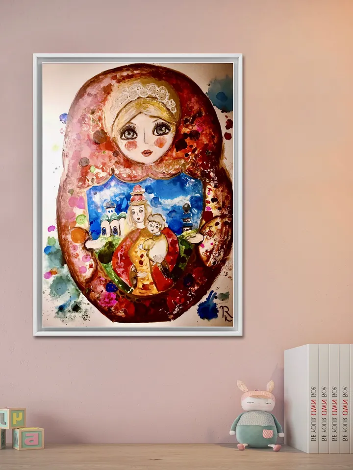 Matryoshka doll original mix media painting on yupo paper,watercolours and alcohol inks painting,unique artwork russian doll painting,gift