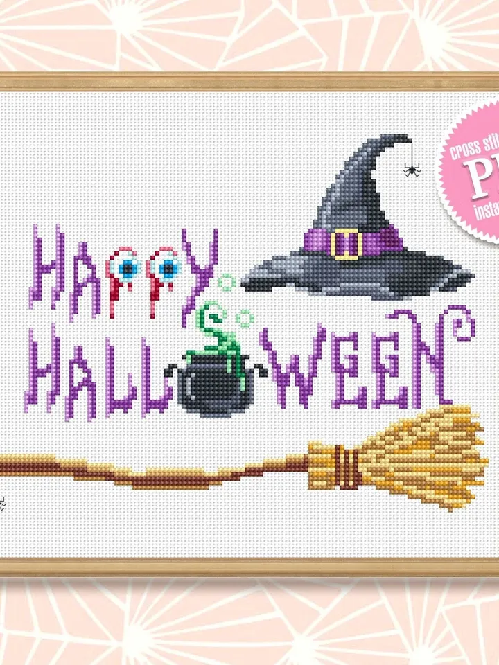 Happy Halloween cross stitch pattern PDF download Witch cross stitch chart, Halloween pattern digital PDF Witch hat Halloween embroidery #H3