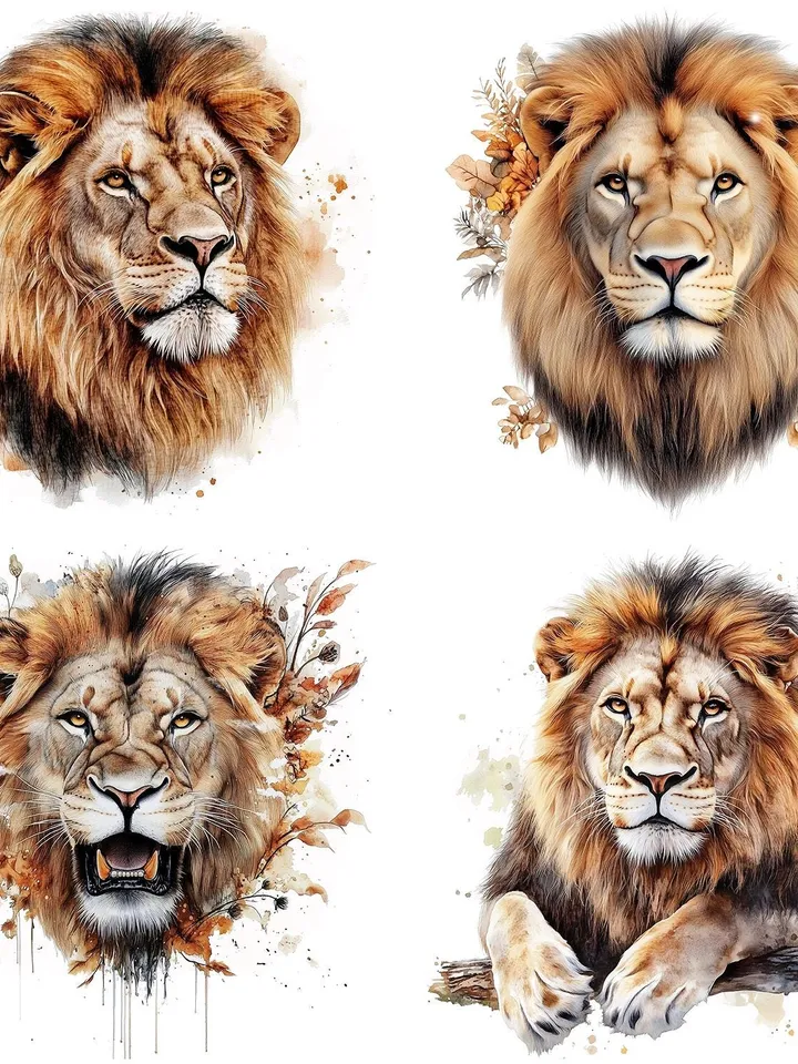 18 Lion PNG Bundle, Printable Watercolor Lion clipart, High Quality PNGs, Digital download, High resolution, Paper crafts, junk journals