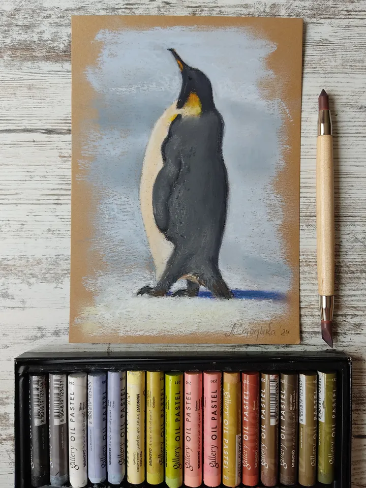 Penguin. Original oil pastel painting.