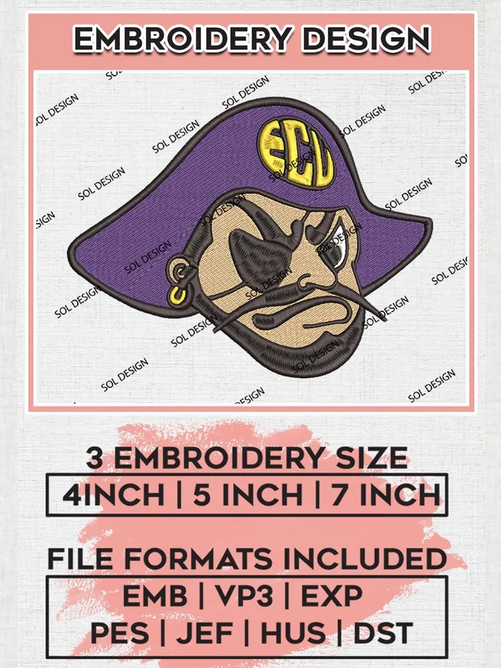 ECU Pirates Logo Embroidery Design Files, NCAA East Carolina Pirates Team Embroidery, NCAA Pirates, 3 sizes, Machine embroidery designs, Digital Download
