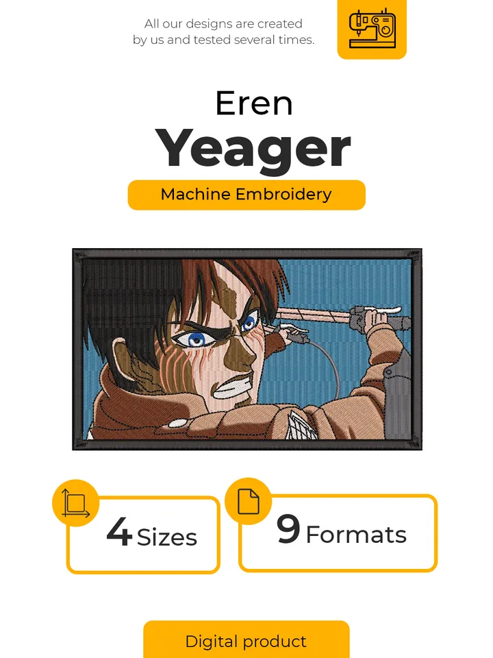 Eren Yeager Embroidery Design File/ Attack on Titan Anime Embroidery Design/ Machine Design. Swoosh