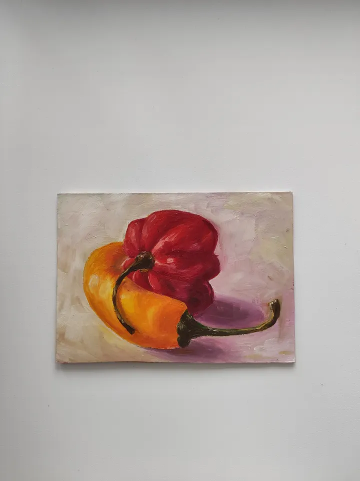 Oil painting on cardboard peppers