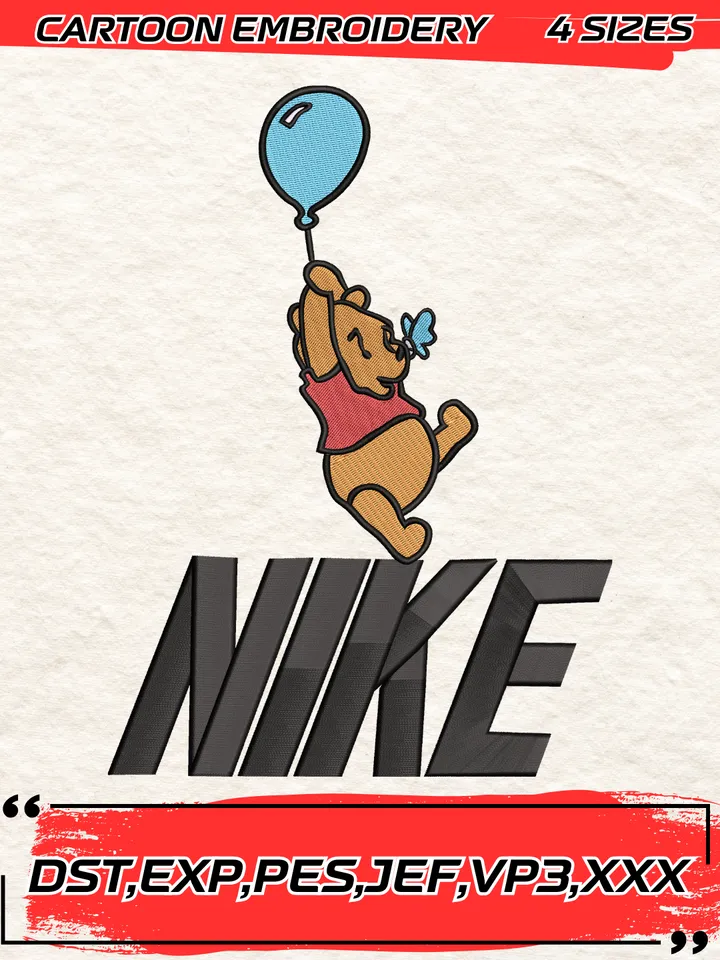 Swoosh Winnie The Pooh Embroidery Design,Pooh Embroidery Design ,Machine Embroidery Design File,4 Sizes, Digital Download
