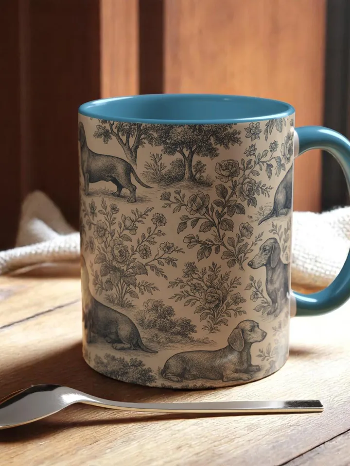 Dachshund French Toile de Jouy Ceramic Mug, Toile Coffee Cup for Doxie Mom, Sausage Dog Lover Gifts, Dog Tea Drinkware, Gift For Dog Lovers