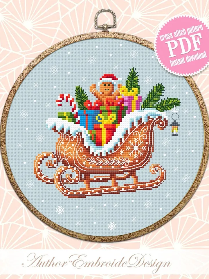 Christmas gingerbread sleigh cross stitch pattern PDF download Christmas presents cross stitch chart, Santa sleigh pattern digital PDF #N127