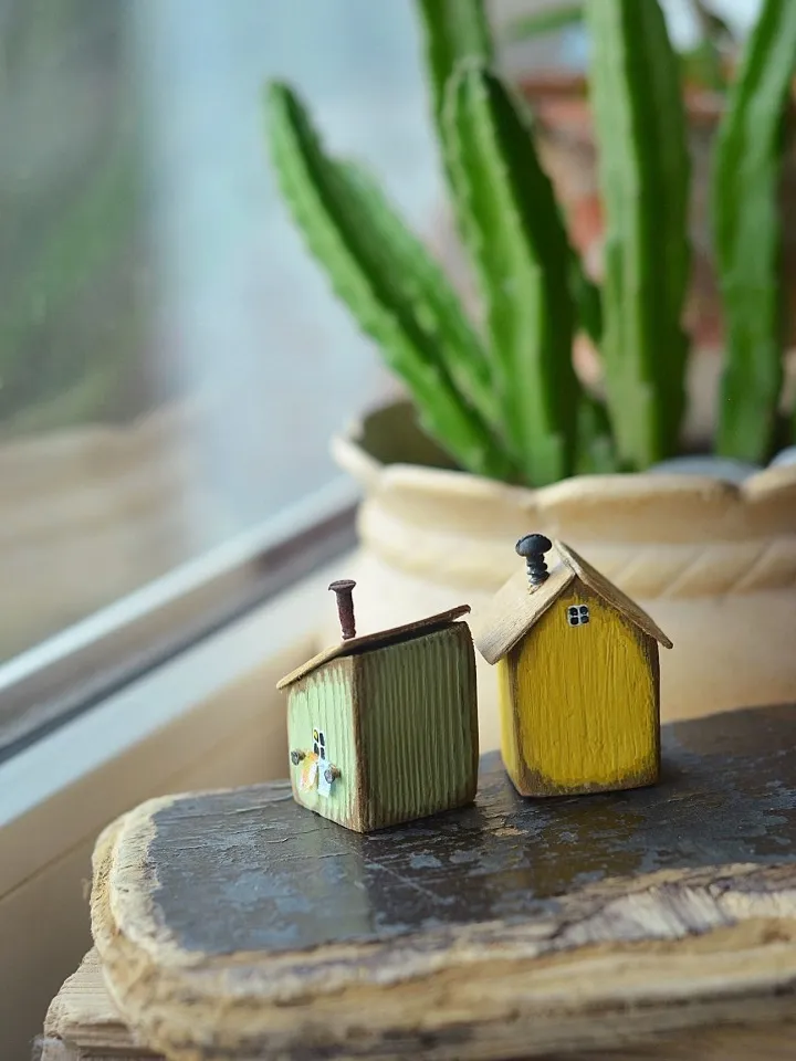 Set of two tiny wooden houses, driftwood art, small house, eco gift, house miniature, yellow house, green wood hoose